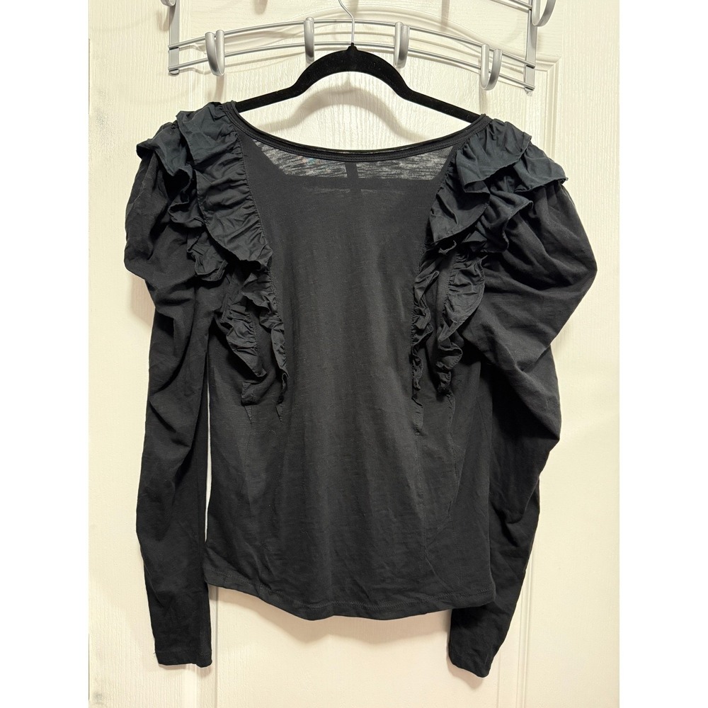 By Anthropologie Top Womens S Black Ruffle V Neck Long Sleeve Knit Blouse chic - Picture 16 of 16